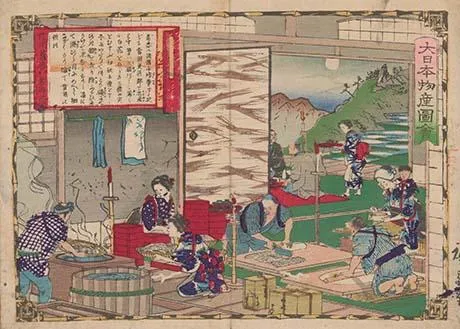 「大日本物産図絵　信州蕎麦切り製造之図」歌川広重(3代）明治10年(1877)
